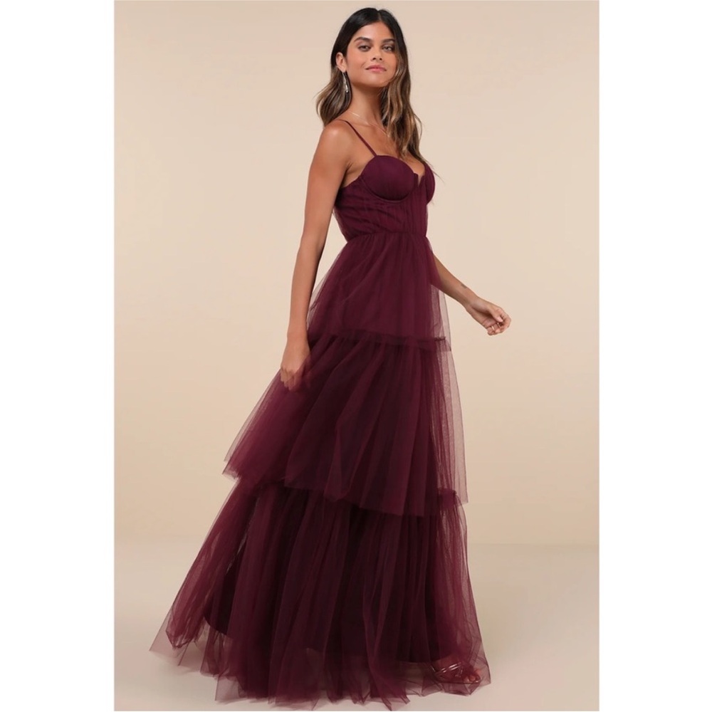 Lulus Unforgettable Poise Plum Purple Tulle Bustier Tiered Maxi Dress
